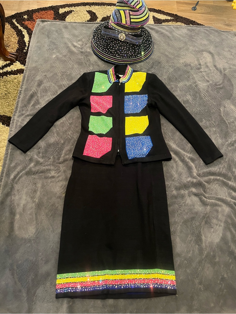 Black Women's Two-Piece Set with Multicolor Rhinestone Accents